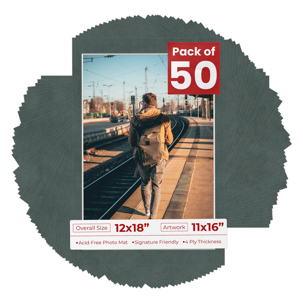 Dark Grey Suede Mat Board for 12x18 Frames - Fits 11x16 Photos